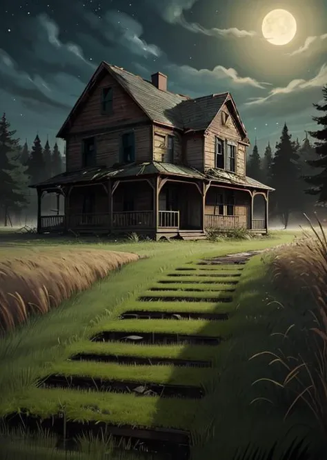 abandoned house, broken planks, moss, broken steps, unkempt yard, tall grass, weeds, terror,night,horror (theme),