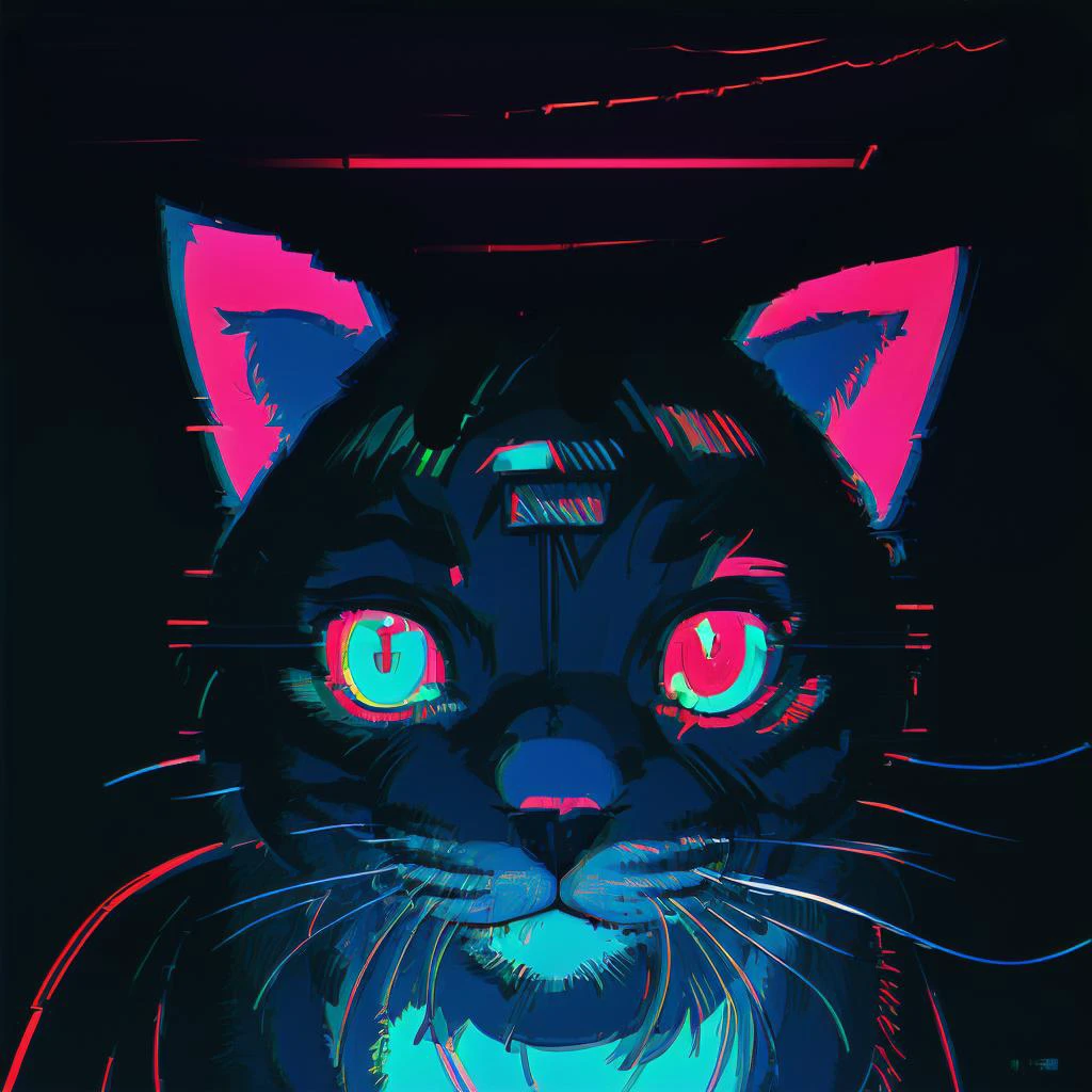 cat portrait, cyberpunk, black background, detailed, neon colors, hight quality, glitch, electronic parts,
noise, film grain, spotlight, neon eyes, trip colors, briliant colors, abstraction.
<lora:coocolor:1>
<lora:DarkLighting:0.2>
