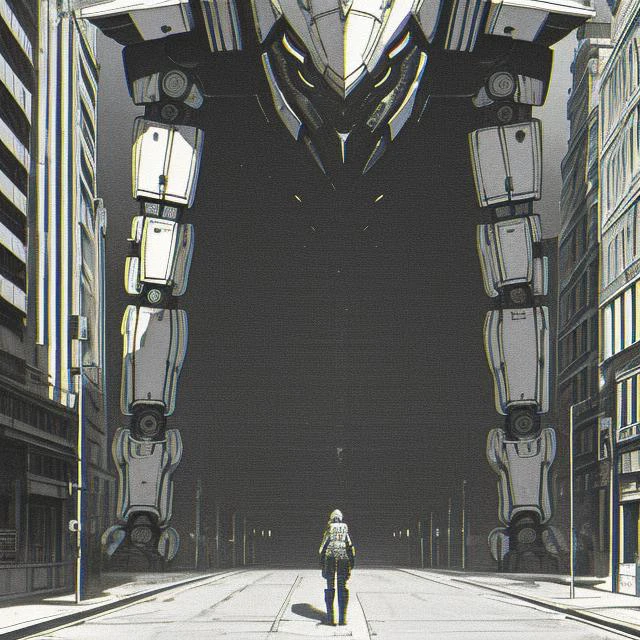 best quality,masterpiece,(detailed:1.2),monochrome, city,robot,mecha,cyberpunk, chromatic aberration, by Xenotrip ,