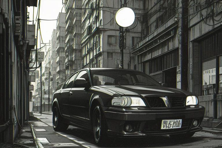 car, cyberpunk,street, monochrome, [yellow_headlights],cable,(detailed), by Xenotrip