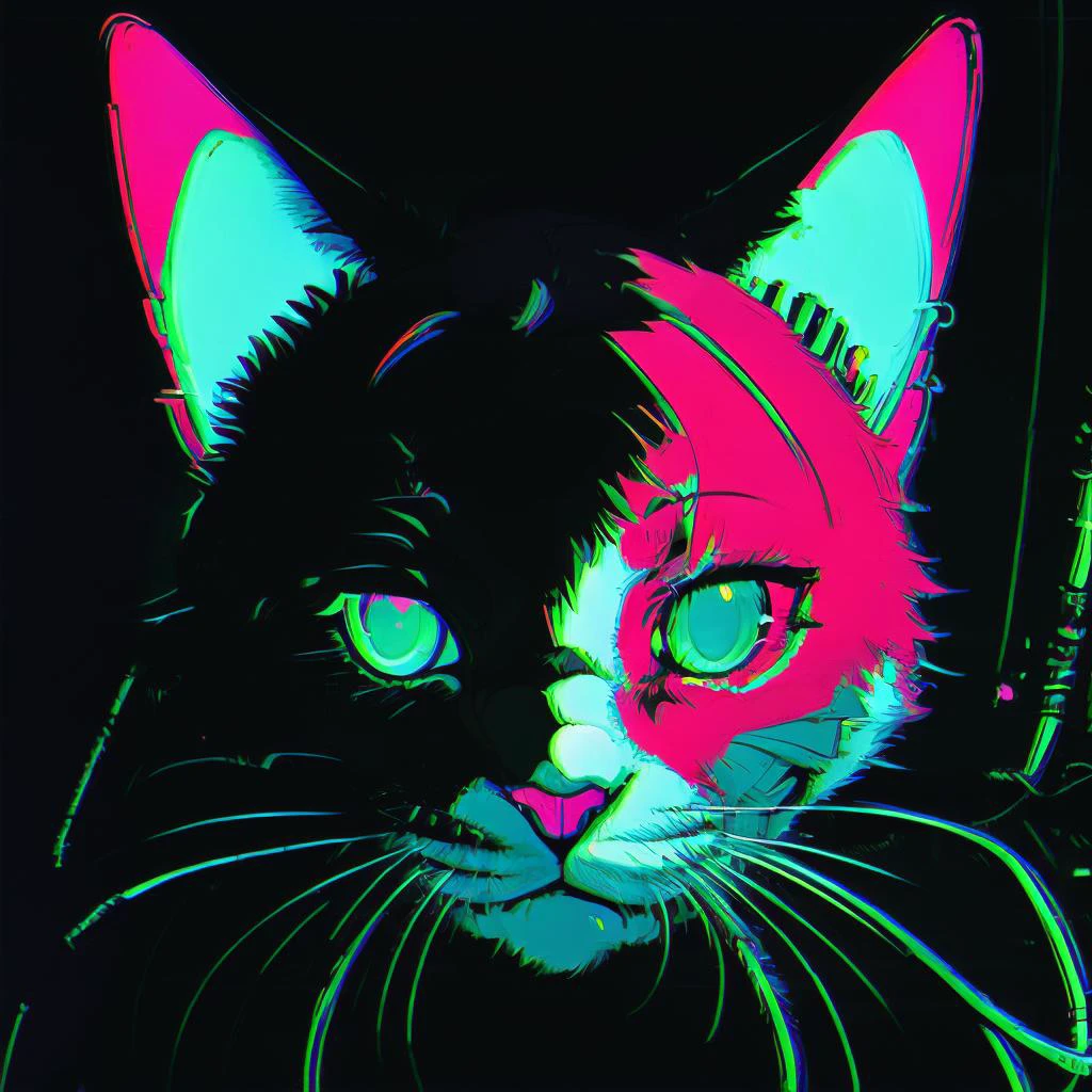 cat portrait, cyberpunk, black background, detailed, neon colors, hight quality, glitch, electronic parts,
noise, film grain, spotlight, neon eyes, trip colors, briliant colors, abstraction.
<lora:coocolor:1>
<lora:DarkLighting:0.2>