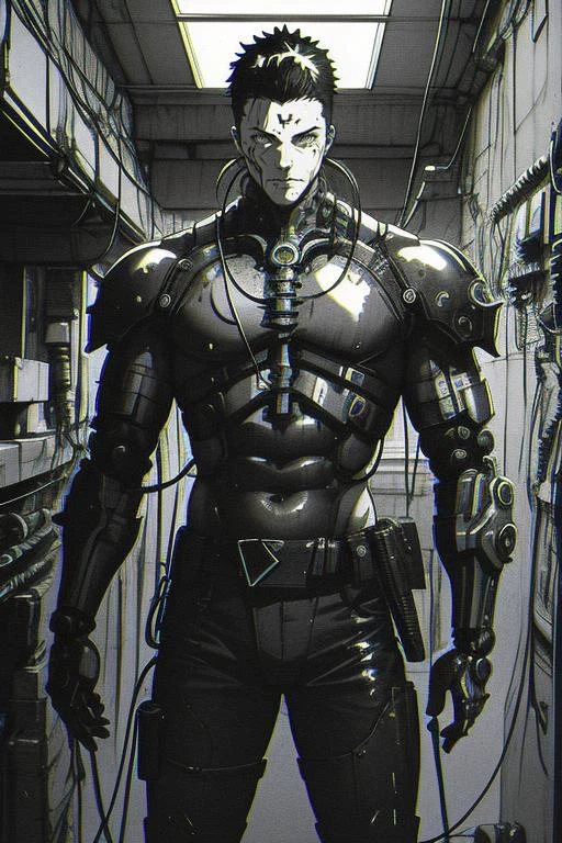 wallpaper, 1boy,solo,male focus,tattoo, monochrome, cyberpunk, (chromatic aberration), detailed background ,mechanical parts,cable,indoors,