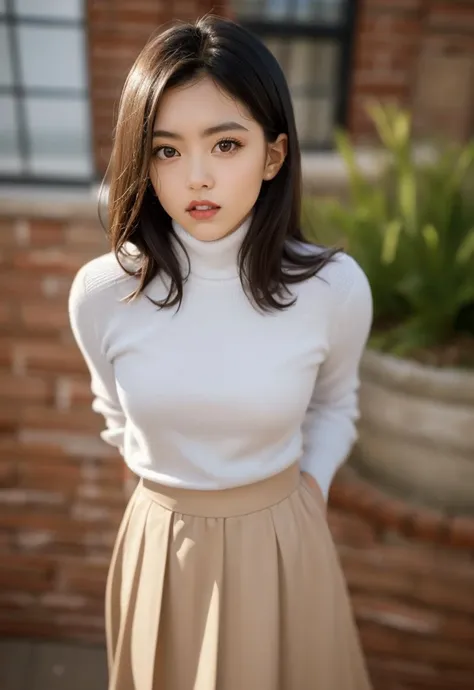 1girl,solo, closed mouth , eyelashes, 
 4::  standing, cinematic lighting,
looking at viewer,fjord,turtleneck,(pleated skirt),
(50mm Sigma f/1.4 ZEISS, F1.4, 1/800s, ISO 100, photography:1.1), delicate, masterpiece, beautiful detailed, colourful, finely detailed, detailed lips, intricate details,
<lora:ZhaoJinmaiLoCon-000009:0.6>