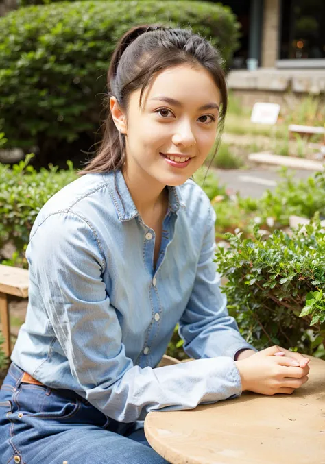 realistic, beautiful female,pony tail, long sleeves, shirt,jeans,sitting,outdoors,ivy,table,cityscape,glass, looking at viewer, office,(parted lips:1:1), (light_smile), shiny skin, skindentation <lora:ZhaoJinmai-3.5:0.65>,