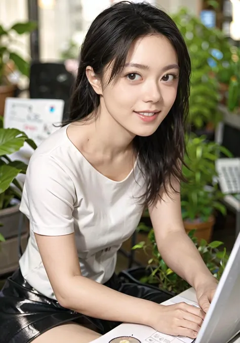 realistic,long hair,looking at viewer,leather skirt,sitting,indoors,ivy,table,coffe cup,working,potted plant, office,(parted lips:1:1), (light_smile),shiny skin, skindentation,<lora:zhaoJinmaiChinese_v35:0.78>,looking at monitor, computer