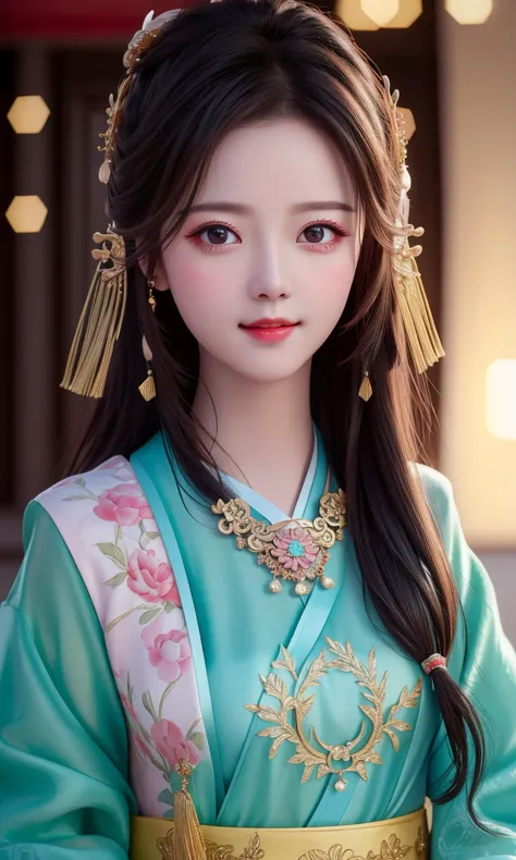 best quality, masterpiece, highres, 1girl,blush,(seductive smile:0.8),star-shaped pupils,china hanfu,hair ornament,necklace, jewelry,Beautiful face,upon_body, tyndall effect,photorealistic, dark studio, rim lighting, two tone lighting,(high detailed skin:1.2), 8k uhd, dslr, soft lighting, high quality, volumetric lighting, candid, Photograph, high resolution, 4k, 8k, Bokeh, <lora:zhaoJinmai_V40chillout:0.5>