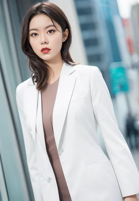 solo,
(office lady,white coat,),
half-length photo,cowboy shot,
city_lights,
(looking at viewer:1.3),
parted lips,   red_lips,shiny skin, skindentation, best quality, ultra high res, (photorealistic:1.4),