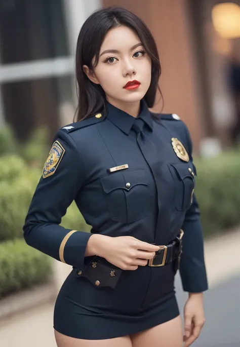 solo,
( police uniform, policewoman ),
thighhighs,
city_lights,
(looking at viewer:1.3),
parted lips, red_lips,shiny skin, skindentation, best quality, ultra high res, (photorealistic:1.4),