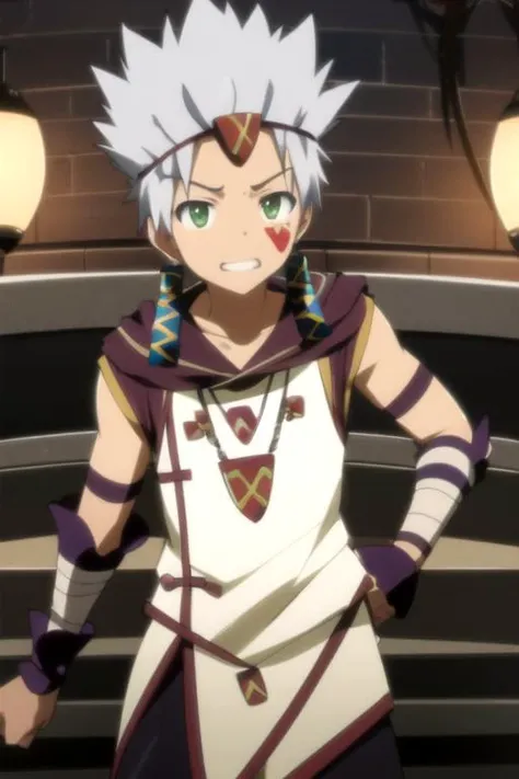 masterpiece, best quality, , 1boy, solo, male focus, looking at viewer, , , ligne claire, , <lora:ginchi_arata_kangatari:0.98>, ginchi_arata_kangatari, ginchi_arata_kangatari, white hair, green eyes, spiked hair, , carnival costume, feminist science fiction, Blu-ray