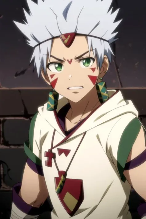masterpiece, best quality, wallpaper, 1boy, solo, male focus, looking at viewer, upper body, depth of field, anime coloring, , <lora:ginchi_arata_kangatari:1>, ginchi_arata_kangatari, ginchi_arata_kangatari, white hair, green eyes, spiked hair, facial mark, , , ,