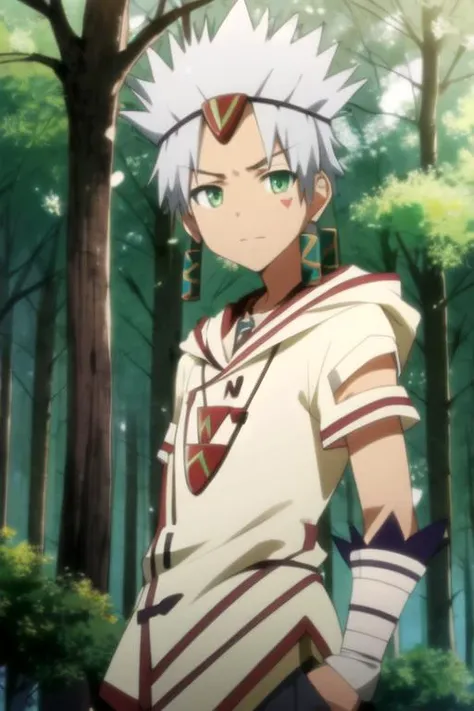 masterpiece, best quality, movie still, 1boy, solo, male focus, looking at viewer, , , ligne claire, realistic, <lora:ginchi_arata_kangatari:0.98>, ginchi_arata_kangatari, ginchi_arata_kangatari, white hair, green eyes, spiked hair, , , The Enchanted Forest,