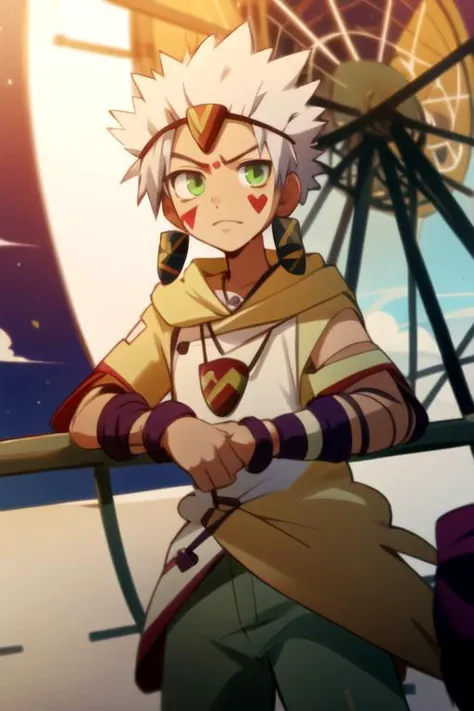 masterpiece, best quality, , 1boy, solo, male focus, looking at viewer, , , , , <lora:ginchi_arata_kangatari:0.92>, ginchi_arata_kangatari, ginchi_arata_kangatari, white hair, green eyes, spiked hair, facial mark, camel costume, ferris wheel, 16k resolution