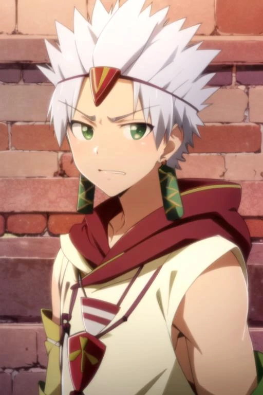masterpiece, best quality, sketch, 1boy, solo, male focus, looking at viewer, upper body, , ligne claire, realistic, <lora:ginchi_arata_kangatari:0.74>, ginchi_arata_kangatari, ginchi_arata_kangatari, white hair, green eyes, spiked hair, facial mark, egyptian costume, , 8k resolution