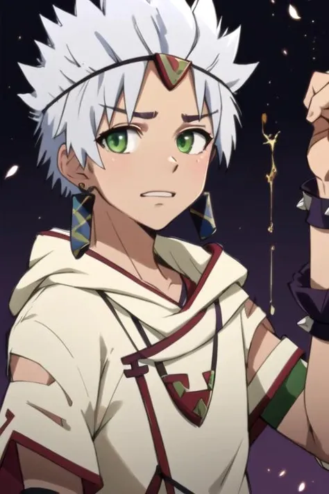 masterpiece, best quality, wallpaper, 1boy, solo, male focus, looking at viewer, upper body, depth of field, (watercolor illustration, soft pastel colors:1.1), , <lora:ginchi_arata_kangatari:0.88>, ginchi_arata_kangatari, ginchi_arata_kangatari, white hair, green eyes, spiked hair, , , The Castle of Shadows,