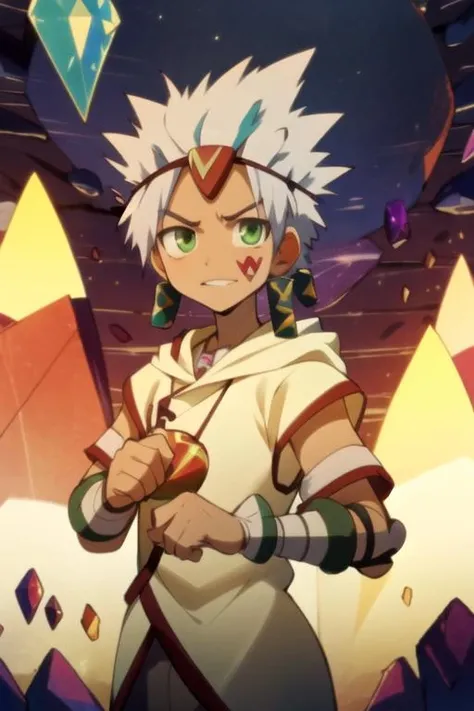 masterpiece, best quality, , 1boy, solo, male focus, looking at viewer, upper body, , , , <lora:ginchi_arata_kangatari:0.94>, ginchi_arata_kangatari, ginchi_arata_kangatari, white hair, green eyes, spiked hair, , texan costume, The Crystal Cave: A fantastical place where gemstones and crystals grow in abundance, 4k resolution
