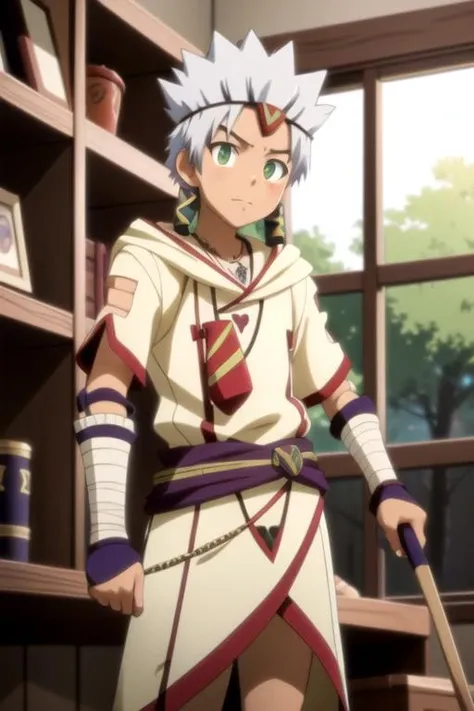 masterpiece, best quality, movie still, 1boy, solo, male focus, looking at viewer, , depth of field, anime coloring, , <lora:ginchi_arata_kangatari:0.78>, ginchi_arata_kangatari, ginchi_arata_kangatari, white hair, green eyes, spiked hair, , mummy costume, otaku room, 4k resolution
