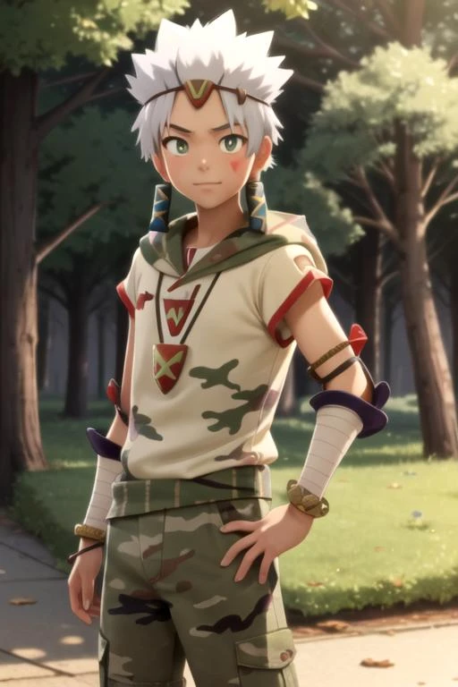 masterpiece, best quality, illustration, 1boy, solo, male focus, looking at viewer, , , , , <lora:ginchi_arata_kangatari:0.86>, ginchi_arata_kangatari, , camo costume, , 2k resolution