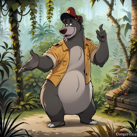 ((masterpiece, best quality)),solo, solo, baloo, standing, full body, black eyes, furry, bear, no humans, jungle, jacket, hat, <lora:Baloo_JungleBook_2:0.8>