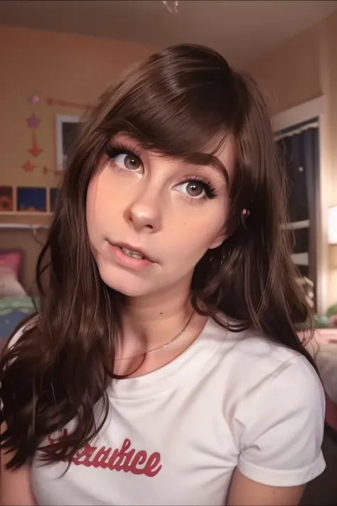 close up photo of a beautiful 20yo woman, brunette, upper body, shirt, staring at camera, streaming to youtube in her bedroom at night, amused, raw, sharp focus, masterpiece, 8k, uhd