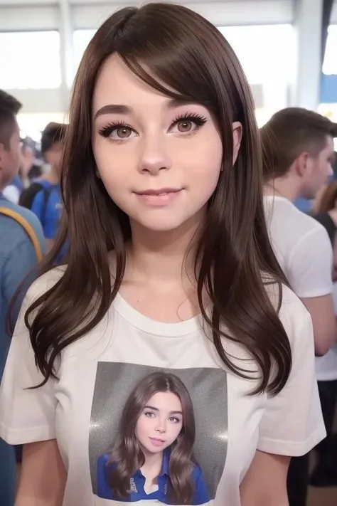 close up photo of a beautiful 20yo woman, brunette, adorable, happy, upper body, shirt, staring at camera, at a crowded comic con event, people in the background, amused, raw, sharp focus, masterpiece, 8k, uhd