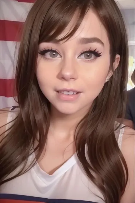close up photo of a beautiful 20yo woman, brunette, adorable, happy, upper body, staring at camera, president of the usa, people in the background, amused, raw, sharp focus, masterpiece, 8k, uhd