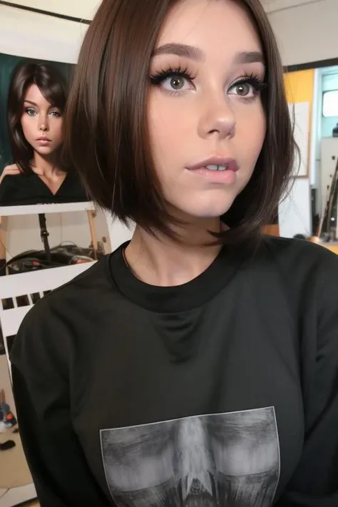 candid close up photo of a stunning woman, brunette, looking at camera, black shirt, in her studio, upper body, raw, masterpiece, 8k, uhd