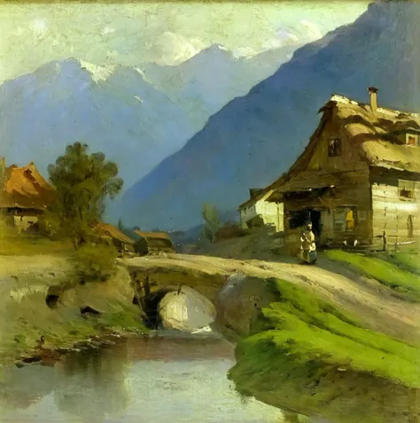 agierymski landscape of a house by a stream, mountains in the background<lora:agierymski:1>