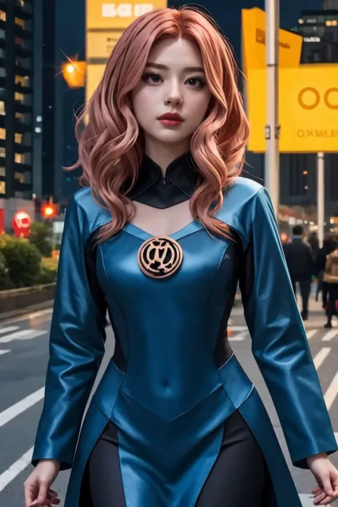 1girl, Rose gold hair, yellow, blue lantern costume, intrincate, (masterpiece), cityscape background <lora:Blue Lantern Costume_v1:1>