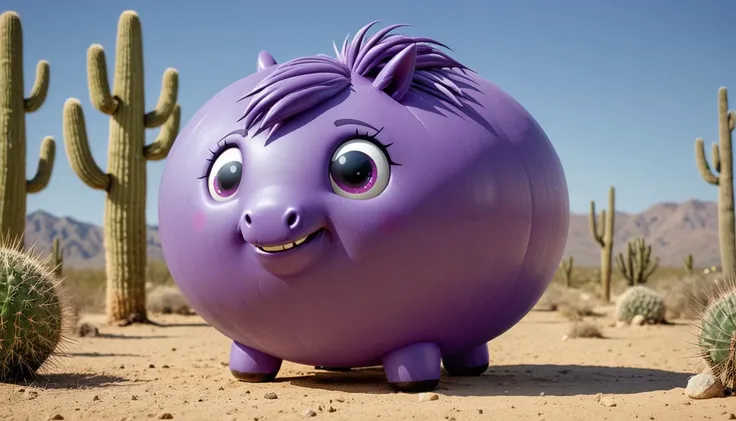 masterpiece anime artwork of sphrml spherical inflated inflatable <lora:inflatablerubber:1> round large rubber (scared, grimacing) purple pony standing in a desert cactus patch. <lora:spherimal:1>