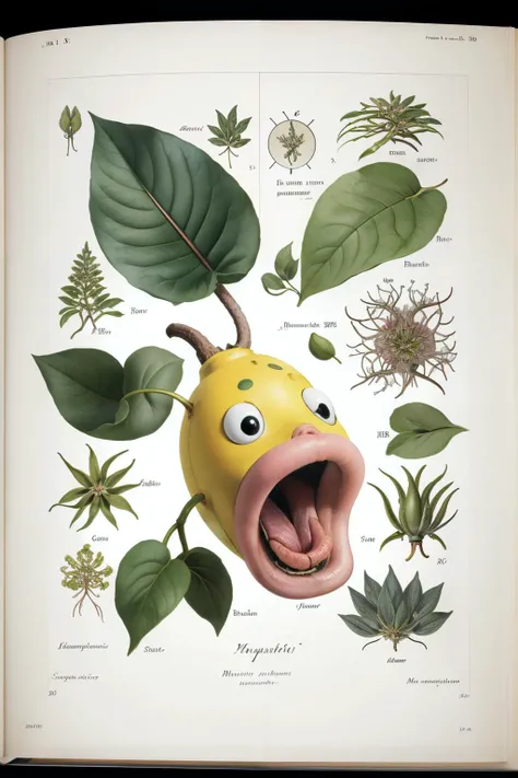 masterpiece, botanicart, illustration of weepinbell in a botanical art book, plant, leaf, open mouth, tongue, intricate, detailed, scientific, <lora:Botanic:0.7> <lora:weepinbell:0.85>