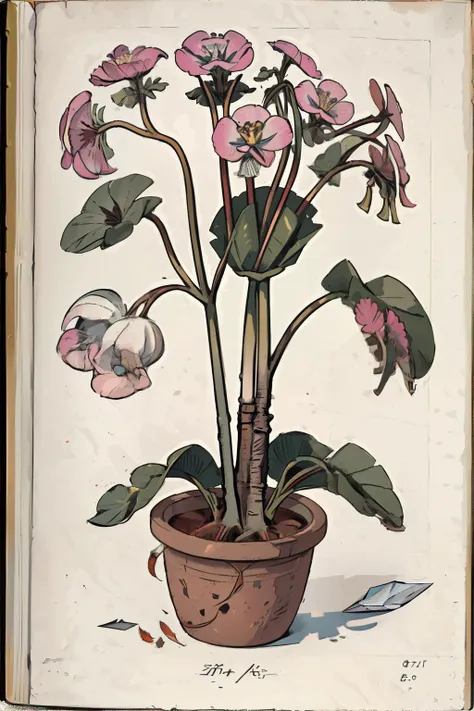 <lora:vanillabotanical:0.8>, botanicart, Cyclamen, old paper || masterpiece, perfect quality, sharp focus, shallow depth of field, 8k