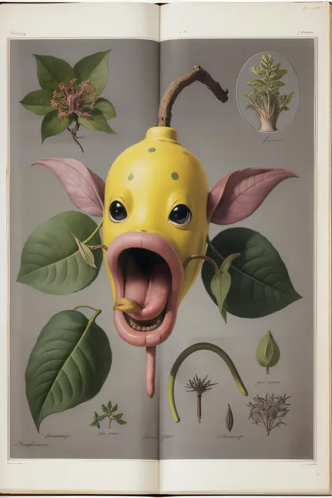 masterpiece, botanicart, illustration of weepinbell in a botanical art book, plant, leaf, open mouth, tongue out, intricate, detailed, scientific, <lora:Botanic:0.7> <lora:weepinbell:0.85>