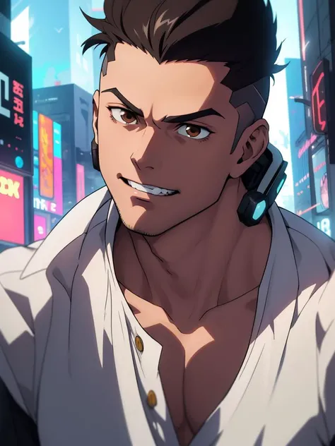 cyberpunk, naked body, muscle man, sex,  david martinez in a futurism city , solo, brown_eyes, anime, black_hair, male_focus, shirt, forehead, clean teeth, close-up, upper_body, 1boy, face <lora:David_Martinez-000014:0.4>