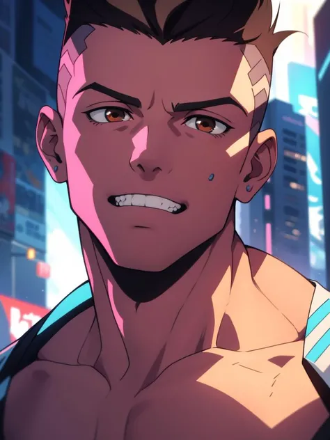 cyberpunk, naked body, muscle man, sex,  david martinez in a futurism city , solo, brown_eyes, anime, black_hair, male_focus, shirt, forehead, clean teeth, close-up, upper_body, 1boy, face <lora:David_Martinez-000014:0.4>