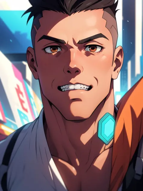 cyberpunk, naked body, muscle man, sex, david martinez in a futurism city , solo, brown_eyes, anime, black_hair, male_focus, shirt, forehead, clean teeth, close-up, upper_body, 1boy, face <lora:David_Martinez-000014:0.4>