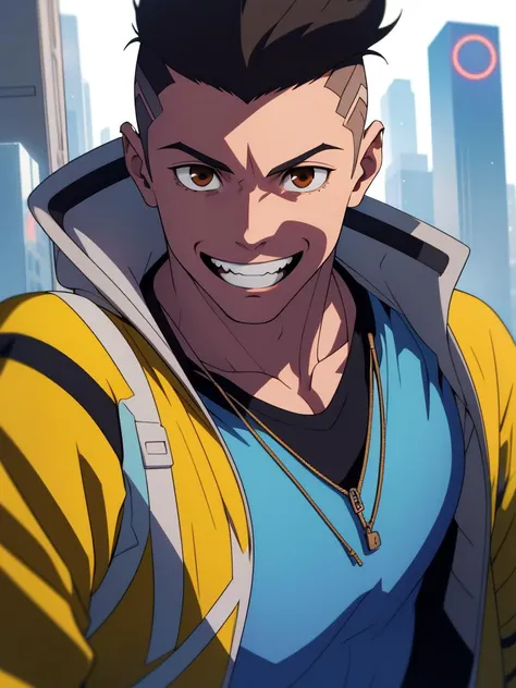 cyberpunk, david martinez in a futurism city , solo, brown_eyes, anime, open_mouth, smile, black_hair, male_focus, shirt, forehead, clean teeth, close-up, yellow jacket, upper_body, 1boy, face <lora:David_Martinez-000014:0.5>