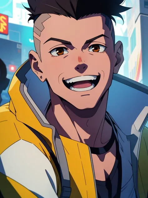cyberpunk, david martinez in a futurism city , solo, brown_eyes, anime, open_mouth, smile, black_hair, male_focus, shirt, forehead, clean teeth, close-up, yellow jacket, upper_body, 1boy, face <lora:David_Martinez-000014:0.5>