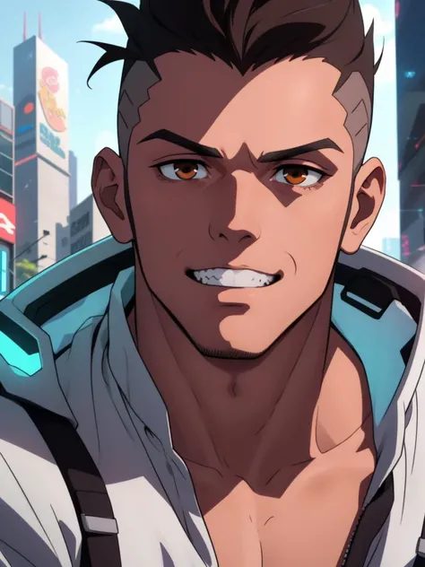 cyberpunk, naked body, muscle man, sex, david martinez in a futurism city , solo, brown_eyes, anime, black_hair, male_focus, shirt, forehead, clean teeth, close-up, upper_body, 1boy, face <lora:David_Martinez-000014:0.4>