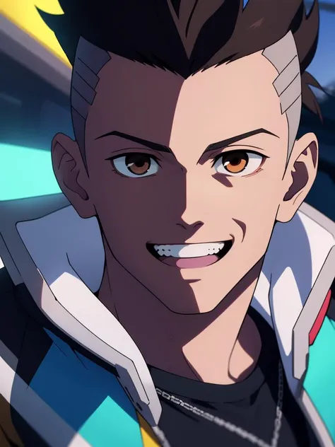 cyberpunk, david martinez in a futurism city , solo, brown_eyes, anime, open_mouth, smile, black_hair, male_focus, shirt, forehead, clean teeth, close-up, yellow jacket, upper_body, 1boy, face <lora:David_Martinez-000014:0.5>