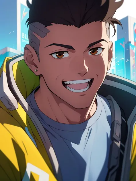 cyberpunk, david martinez in a futurism city , solo, brown_eyes, anime, open_mouth, smile, black_hair, male_focus, shirt, forehead, clean teeth, close-up, yellow jacket, upper_body, 1boy, face <lora:David_Martinez-000014:0.5>