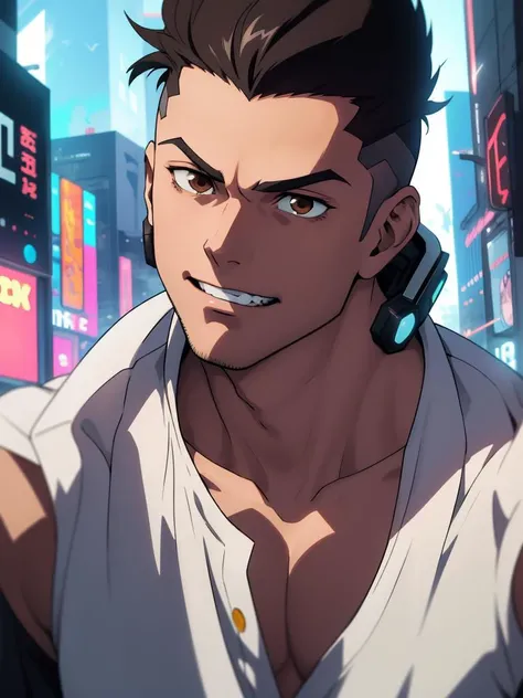 cyberpunk, naked body, muscle man, sex, david martinez in a futurism city , solo, brown_eyes, anime, black_hair, male_focus, shirt, forehead, clean teeth, close-up, upper_body, 1boy, face <lora:David_Martinez-000014:0.4>