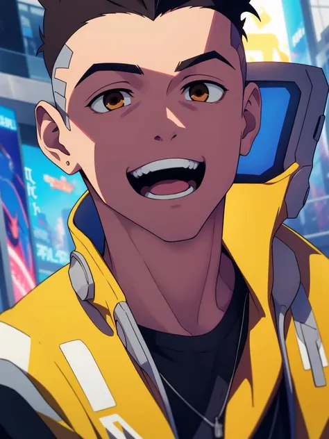 cyberpunk, david martinez in a futurism city , solo, brown_eyes, anime, open_mouth, smile, black_hair, male_focus, shirt, forehead, clean teeth, close-up, yellow jacket, upper_body, 1boy, face <lora:David_Martinez-000014:0.5>