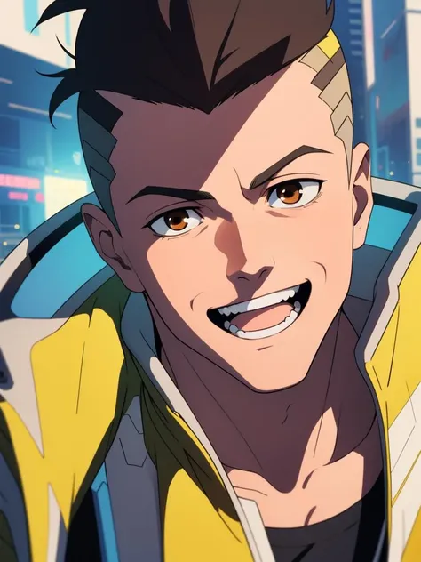 cyberpunk, david martinez in a futurism city , solo, brown_eyes, anime, open_mouth, smile, black_hair, male_focus, shirt, forehead, clean teeth, close-up, yellow jacket, upper_body, 1boy, face <lora:David_Martinez-000014:0.5>