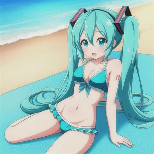 hatsune miku in the beach, cyan bikini