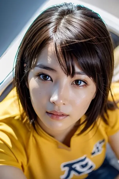 (Cinematic Aesthetic, cowboy shot, shoot from above:1.2), 1girl, solo, shiny skin, super detailed skin, detailed beautiful face and eyes, spotlight, professional lighting, bangs, brown hair, hair bob, v, t-shirt, kooo123,   <lora:hirosesuOO_v1:0.8>