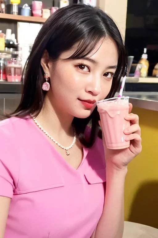 beautiful photo, take a photo, 1girl, solo, Drink a shakeDrink a delicious shake with a straw, shirt, black hair, brown eyes, jewelry, upper body, earrings, necklace, black eyes, lips, pink shirt, realistic, kooo123,   <lora:hirosesuOO_v2:0.8>