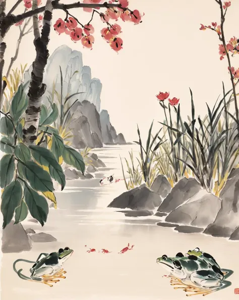 best quality,masterpiece,highly detailed,ultra-detailed,
<lora:neg4all_bdsqlsz_V3.5:-1>, pond, frog
<lora:Qi Baishi:1>qi baishi, no humans, simple background, animal focus, animal, leaf, plant, painting \(medium\), scenery, still life