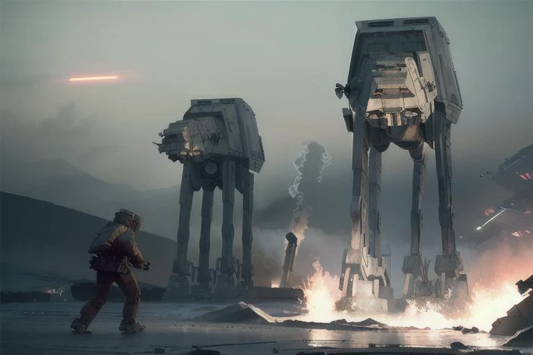analog gloomy photo of a Star Wars ((AT-AT robot, <lora:st4rw4ar54t4t:1>)), (horror ), ((nighttime)), (in a decayed dilapidated city at night), explosions in the background, fire on the floor, shooting lasers, High Detail, Sharp focus, (photorealism), realistic, best quality, 8k, award winning, dramatic lighting, epic, cinematic, masterpiece, rim light, ambient fog:1.3, dutch angle, depth of field, volumetric lights,