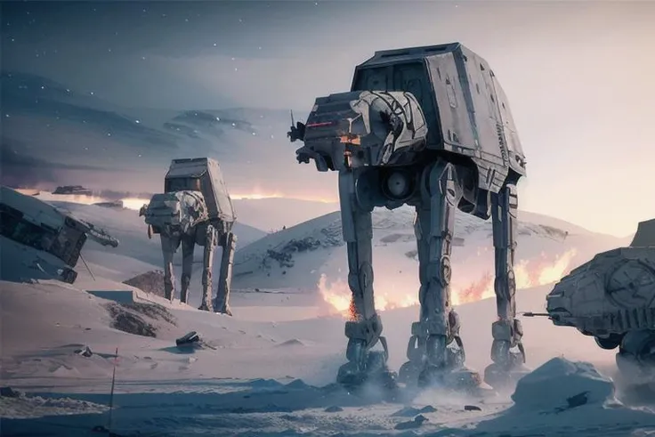 analog gloomy photo of a Star Wars ((AT-AT robot, <lora:st4rw4ar54t4t:1>)), (winter), (snow), (horror movie), ((nighttime)), a decayed dilapidated city, church ruins, dilapidated statues, explosions in the background, fire on the floor, High Detail, Sharp focus, (photorealism), realistic, best quality, 8k, award winning, dramatic lighting, epic, cinematic, masterpiece, rim light, ambient fog:1.3, dutch angle, depth of field,