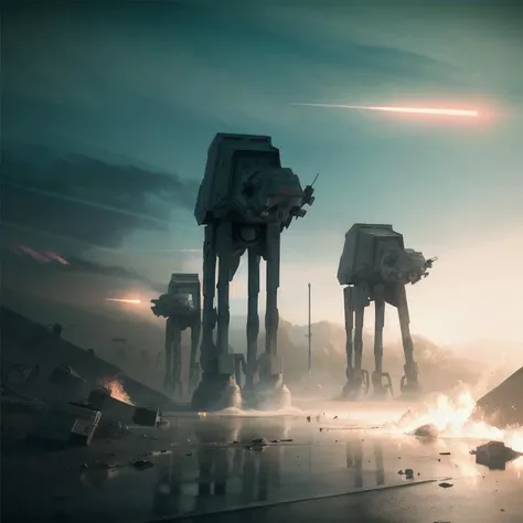 analog gloomy photo of a Star Wars (AT-AT robot, <lora:st4rw4ar54t4t:0.8>), (horror movie), ((nighttime)), (in a decayed dilapidated city at night), (explosions in the background), fire on the floor, shooting lasers, High Detail, Sharp focus, (photorealism:1.2), realistic, best quality, 8k, award winning, dramatic lighting, epic, cinematic, masterpiece, rim light, ambient fog:1.3, dutch angle, depth of field, volumetric lights,